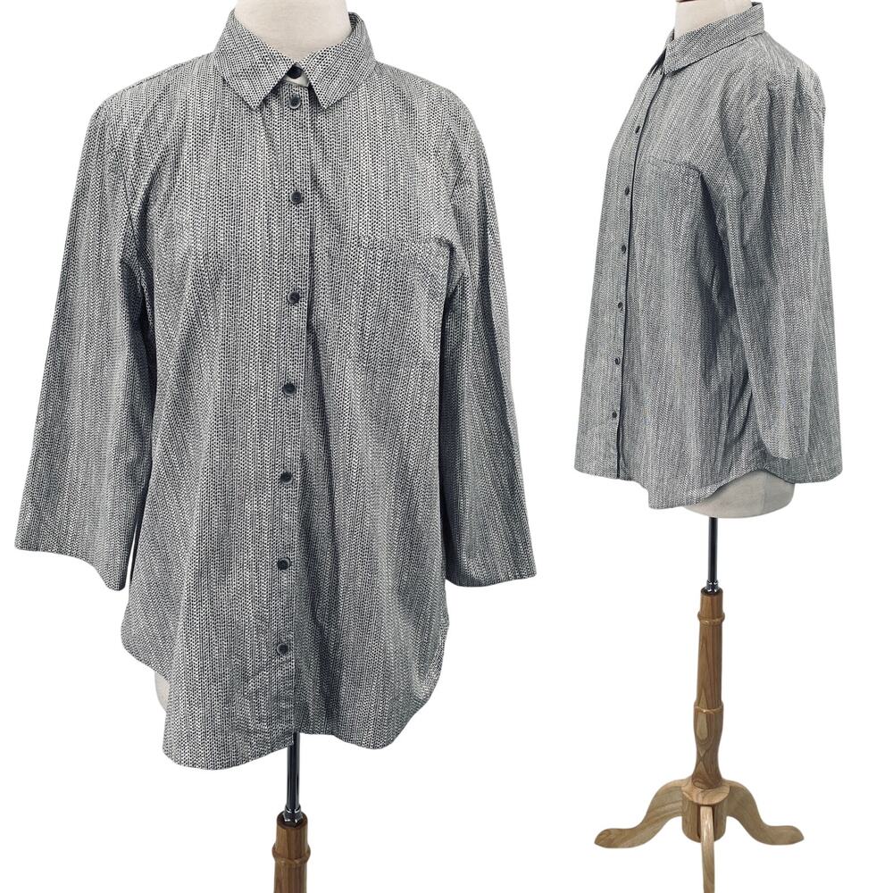 Lafayette 148 Blouse Button Down Shirt Cotton Printed Beaded Collar Neckline XL